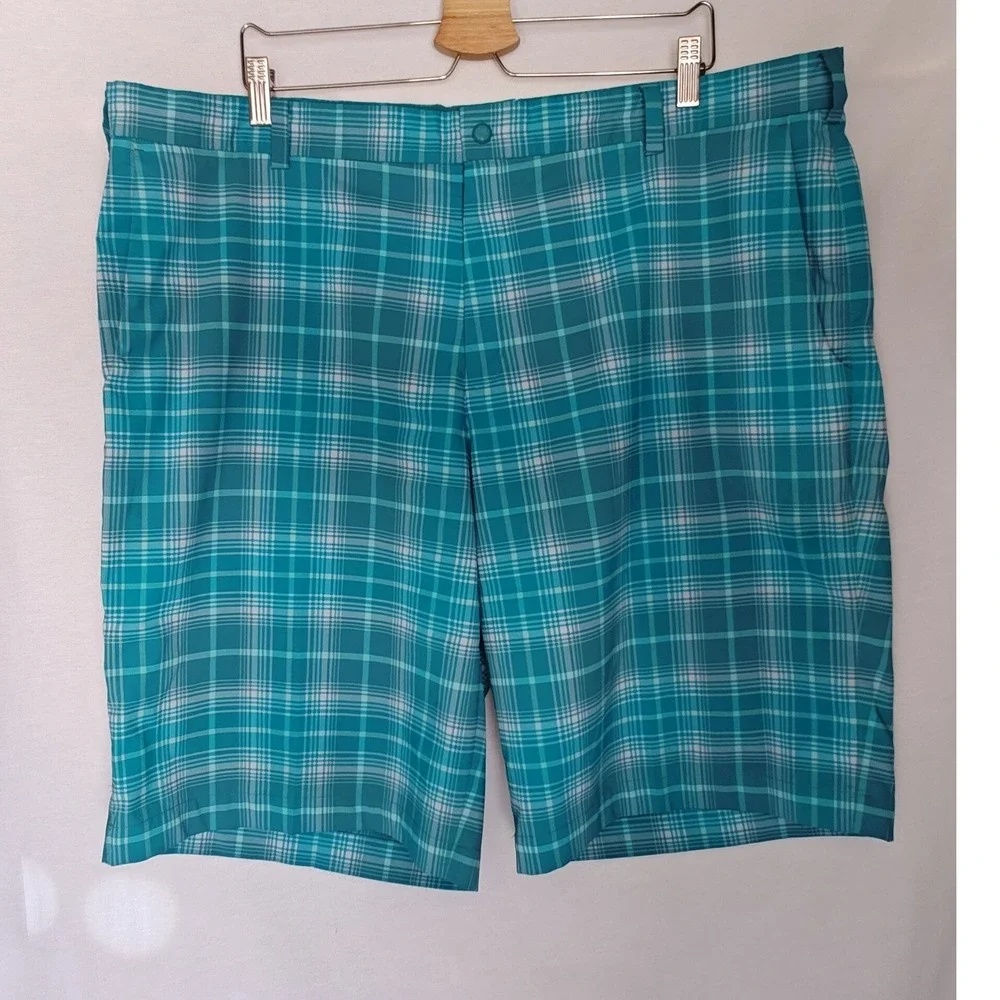 Nike Golf Shorts Flat Front Dri-FIT Tour Performance Blue Teal Plaid 42‎ 509182